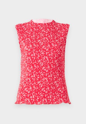 Red pleated top with cap sleeves, featuring a floral pattern in white. Soft texture with a round neckline and scalloped hem.