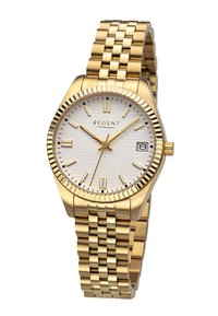 Montre en métal doré avec un cadran blanc texturé, comportant des marqueurs et des aiguilles dorés. Bracelet en acier inoxydable avec une boucle dépliante.