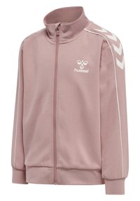 Ljusrosa zip-up träningsjacka gjord av slätt tyg, med hög krage och vita detaljer längs axlarna och ärmarna.