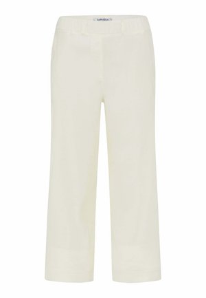 Cremefarbene Hose mit weitem Bein, elastischem Bund und vorderem Nahtdetail, geeignet für Freizeit- oder Lounge-Bekleidung.