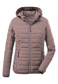 Giacca leggera trapuntata in mauve con cappuccio. Presenta una chiusura frontale con zip e due tasche laterali con zip. Esterno liscio e polsini a costine.