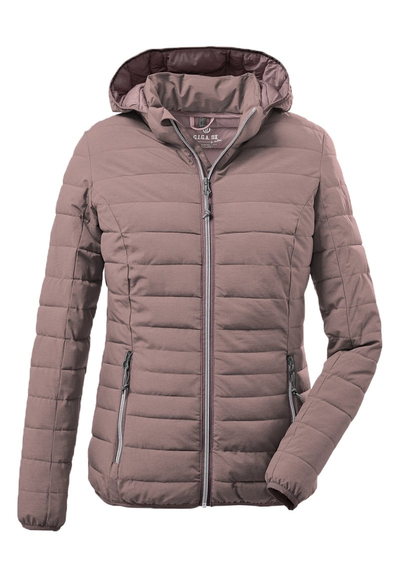 Giacca leggera trapuntata in mauve con cappuccio. Presenta una chiusura frontale con zip e due tasche laterali con zip. Esterno liscio e polsini a costine.