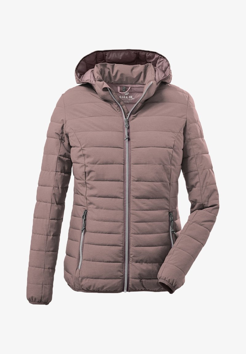 Giacca leggera trapuntata in mauve con cappuccio. Presenta una chiusura frontale con zip e due tasche laterali con zip. Esterno liscio e polsini a costine.