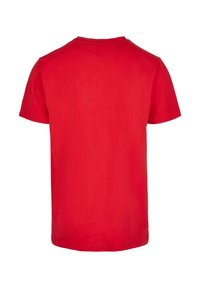 Raudona trumpa rankovė t-shirt su apvalia kaklo iškirpte. Pagaminta iš minkštos medvilnės, be raštų ar papuošimų.