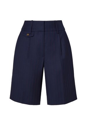 Marineblaue, gestreifte Shorts mit maßgeschneidertem Schnitt, die über vordere Falten, einen Knopfverschluss und seitliche Taschen für zusätzlichen Komfort verfügen.