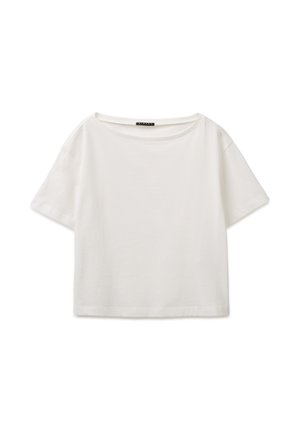 Weißes kurzärmeliges Baumwoll-T-Shirt mit weitem rundem Ausschnitt und geradem Saum.