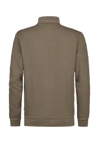 Brun texturerad sweatshirt med dragkedja vid kragen, med ett bihonungsmönster och ribbade ärmslut. Bakvy, inga synliga logotyper eller detaljer.