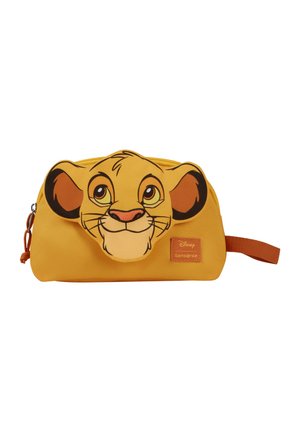 Yellow zippered pouch with Simba's face from The Lion King and a side handle strap, labeled Disney and Samsonite.