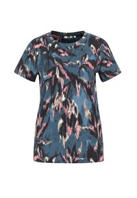 T-shirt à manches courtes en bleu avec un motif abstrait en rose, crème et noir. Fabriqué en tissu doux et texturé avec un col rond.