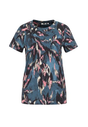 T-shirt a maniche corte di colore blu con un motivo astratto in rosa, crema e nero. Realizzato in tessuto morbido e texturizzato con scollatura rotonda.
