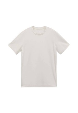 T-shirt en coton beige clair à manches courtes, col rond et texture lisse ; présente une coupe régulière et ne comporte aucun logo ni motif visible.