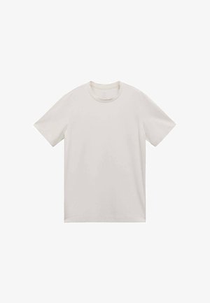 Vaaleanbeige puuvillapaita, jossa on lyhyet hihat, pyöreä pääntie ja sileä pinta; ominaisuutena normaali istuvuus ilman näkyviä logoja tai kuvioita.