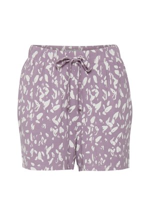 Paarse katoenen shorts met een wit abstract patroon, voorzien van een elastische tailleband en een strikdetail aan de voorkant voor een verstelbare pasvorm.