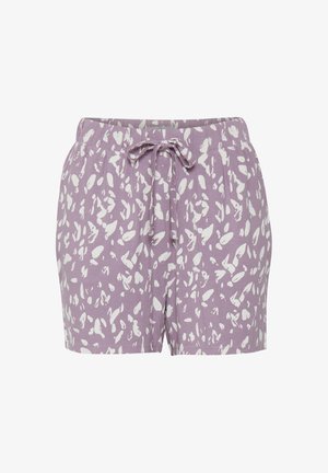 Lila Baumwollshorts mit einem weißen abstrakten Muster, mit einem elastischen Bund und einem Frontknotendetail für eine verstellbare Passform.