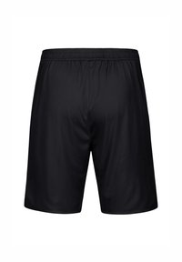 Schwarze Sportshorts mit elastischem Bund, aus leichtem Stoff gefertigt, mit glatter Textur und geradem Schnitt für Komfort.