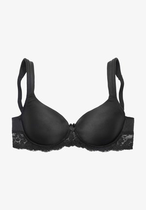 Black bra with padded cups, lace trim at the base, and adjustable straps. Features a central bow detail between the cups. Smooth texture.