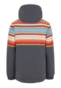 Een hoodie-jack met gekleurde horizontale strepen in oranje, blauw en bruin; donkergrijze body; elastische manchetten; gladde textuur.