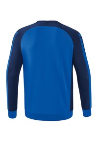 Blauwe sweatshirt met marineblauwe accenten, raglanmouwen en een textuurstofafwerking. Heeft een ronde hals en elastische manchetten.