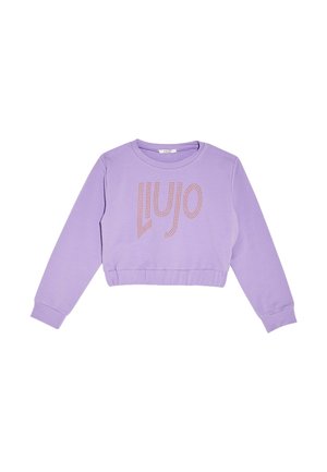 Sweatshirt court à manches longues lavande avec col rond et logo "LIU JO" en petites pierres précieuses sur le devant.