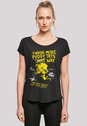 Black short-sleeve t-shirt with a loose fit featuring yellow graphic text and cartoon character design. Soft material, rounded neckline, curved hem.