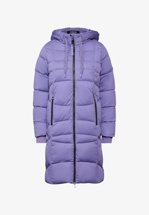 Helle lila gepolsterte Jacke mit Kapuze, ausgestattet mit einem durchgehenden Reißverschluss, zwei seitlichen Reißverschlusstaschen, elastischen Bündchen und diagonaler Steppung.