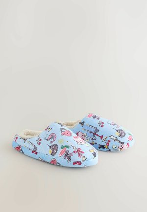 Blue fabric slippers featuring a soft, fluffy interior and colorful novelty prints of various objects and designs on the exterior.