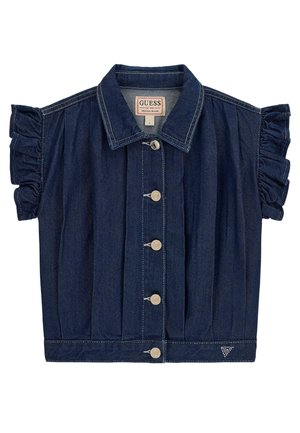 Giacca in denim blu scuro a maniche corte con maniche arricciate, chiusura frontale con bottoni, colletto e piccolo logo triangolare vicino all'orlo.