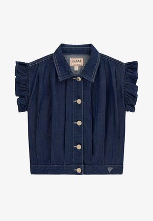 Jachetă scurtă din denim albastru închis cu mâneci scurte cu volane, închidere frontală cu nasturi, guler și logo triunghiular mic aproape de tiv.