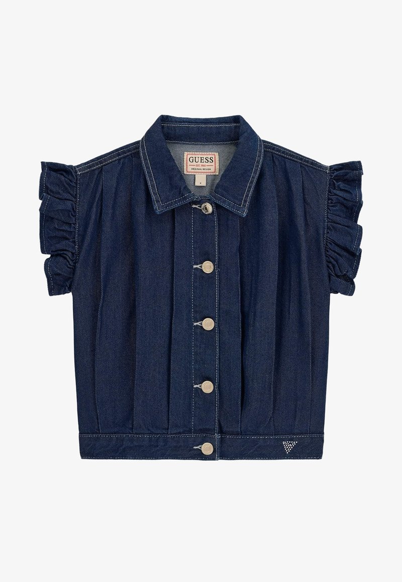 Jachetă scurtă din denim albastru închis cu mâneci scurte cu volane, închidere frontală cu nasturi, guler și logo triunghiular mic aproape de tiv.