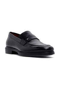 Schwarze Lederloafers verfügen über eine glatte Oberfläche, ein Detail mit einem Penny-Riemen und eine abgerundete Zehenpartie. Die Sohle ist leicht erhöht und strukturiert.