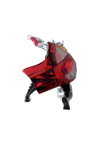 Röd och svart figur med en facetterad design, med metalliska detaljer och en flödande röd kappa, poserad dynamiskt på en genomskinlig bas.