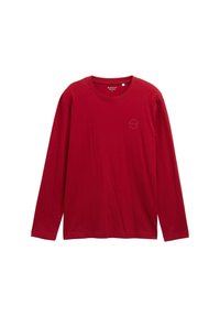 Rode longsleeve shirt van katoen, met een ronde hals en een klein rond embleem op de linkerkant van de borst. Vlakke naden.