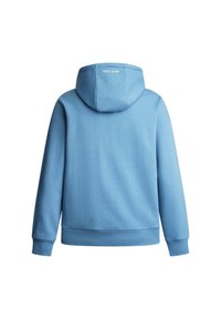 Ljusblå hoodie i mjukt material, med dragsko i huvan, ribbade muddar och fåll, samt "PEPE JEANS"-logga på baksidan.