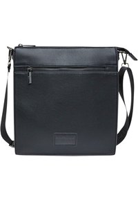 Crna kožna torba za poruke s teksturiranim završetkom, s gornjim patentnim zatvaračem i prednjim džepom s patentnim zatvaračem. Podesiva naramenica.