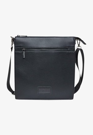 Borsa a tracolla nera in pelle con finitura testurizzata, dotata di zip superiore e tasca frontale con zip. Tracolla regolabile.