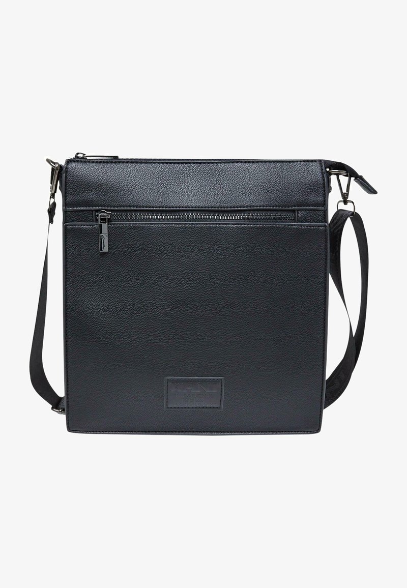 Crna kožna torba za poruke s teksturiranim završetkom, s gornjim patentnim zatvaračem i prednjim džepom s patentnim zatvaračem. Podesiva naramenica.