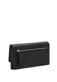 Czarny skórzany portfel o gładkiej fakturze. Posiada kieszeń na zamek z tyłu oraz składany design umożliwiający łatwe przechowywanie.