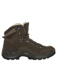 Bruine wandelboot met een bovenwerk van glad leer en textiel. Voorzien van metalen veterogen, een versterkte neusstuk en een robuuste rubberen zool voor grip.