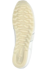 Εξωτερική σόλα παπουτσιού με μπεζ λαστιχένιο πέλμα που διαθέτει ζιγκ ζαγκ μοτίβα και το λογότυπο "paul green" χαραγμένο κοντά στην περιοχή της φτέρνας.