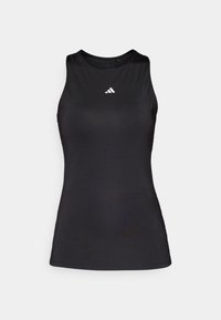 Svart atletisk tanktop i slät tyg. Har rund halsringning, är ärmlös och har en vit logotyp på bröstet.