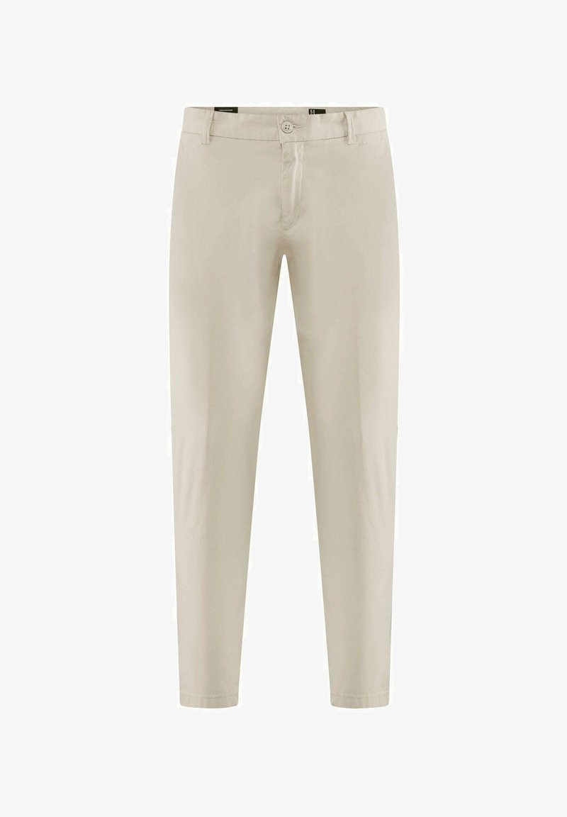 Lichtbeige chino's met een aansluitende pasvorm, vervaardigd van zachte katoenstof. Voorzien van vo pockets en een rits met knoopsluiting.