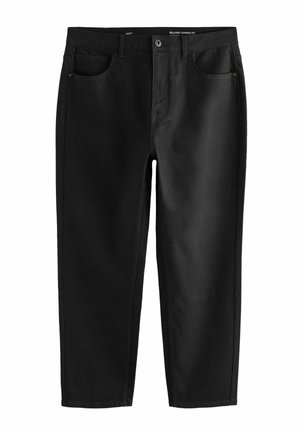 Black relaxed tapered fit jeans with front button, zip closure, and five pockets, displayed against a white background.