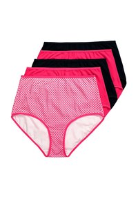 Vier paar vrouwen ondergoed van katoen: twee effen zwart, één effen roze en één roze met een ruitpatroon. Elastische tailleband, hoge taille.
