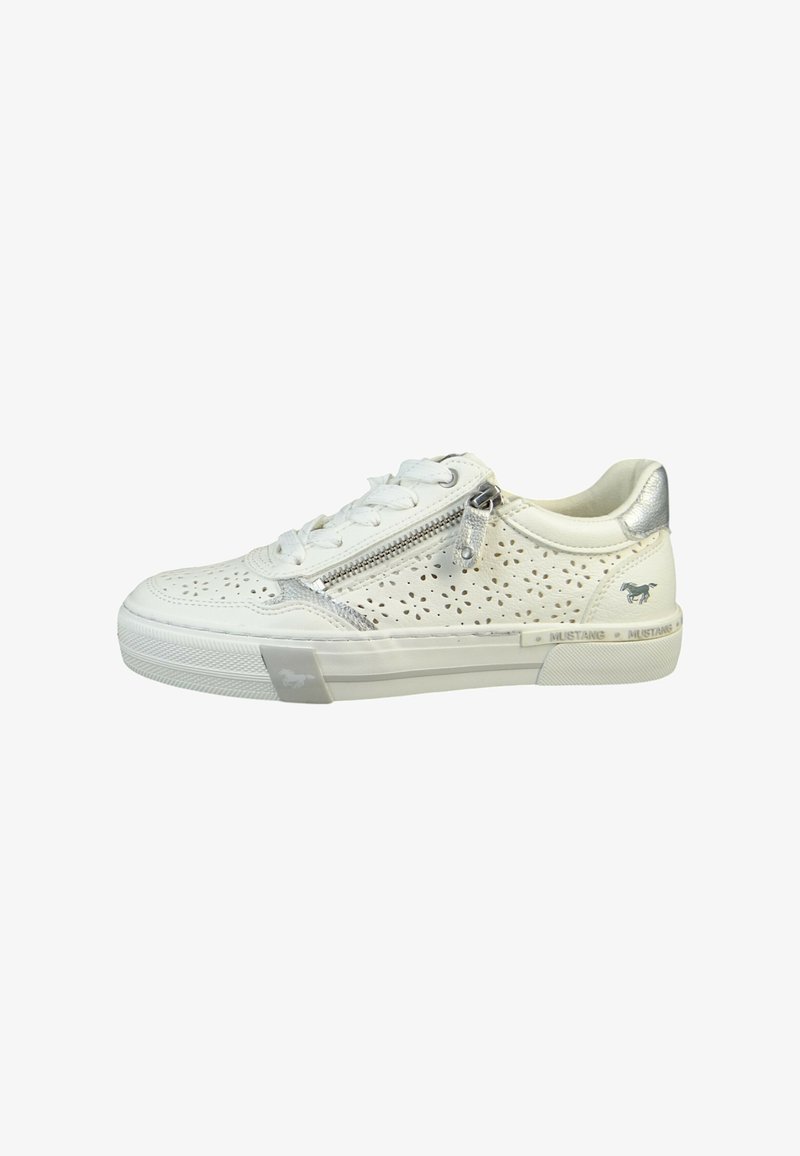 White perforated sneaker with silver accents, a side zipper, and textured rubber sole. Features plain laces and branding on the side.