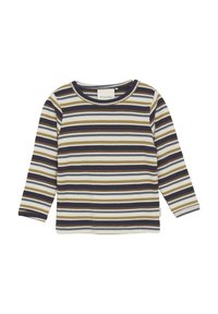 Ribbade långärmade tröjan med horisontella ränder i marinblått, olivgrönt, krämfärgat och beige. Har en rundad halsringning och en subtil varumärkesetikett.
