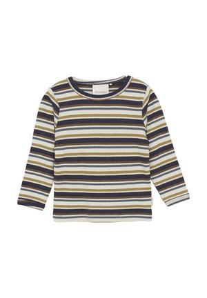Ribbade långärmade tröjan med horisontella ränder i marinblått, olivgrönt, krämfärgat och beige. Har en rundad halsringning och en subtil varumärkesetikett.