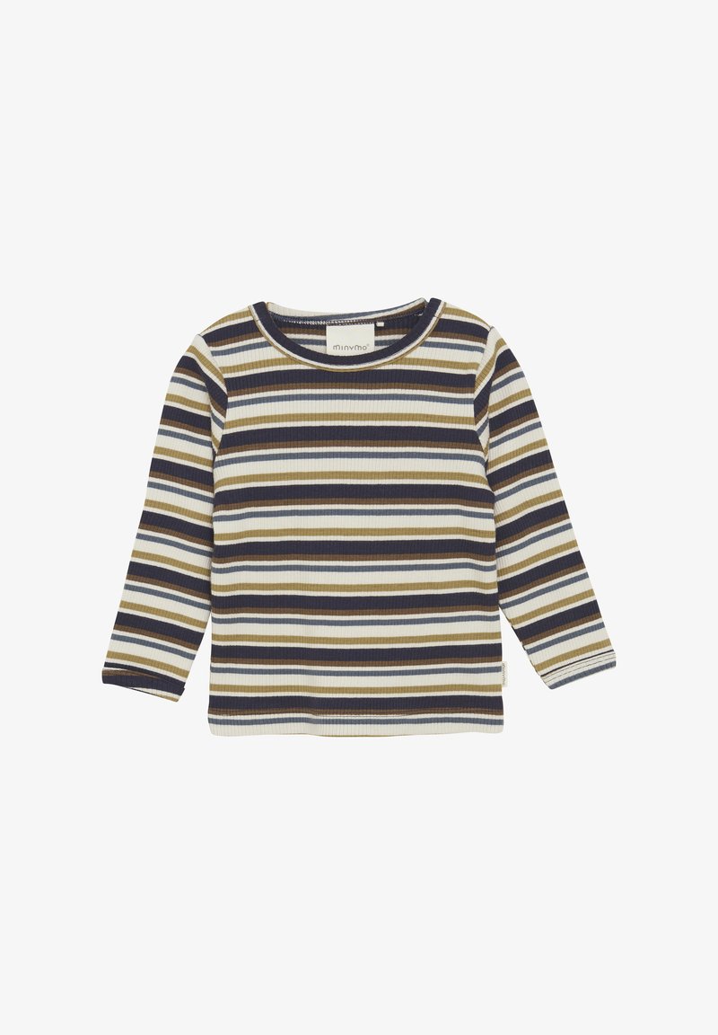 Geribbelde langslavende shirt met horizontale strepen in marineblauw, olijfgroen, crème en beige. Voorzien van een ronde halslijn en een subtiel merkembleem.