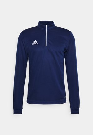 Marineblaues Langarm-Sportpullover mit weißem Viertelreißverschluss und weißem Adidas-Logo auf der linken Brust.