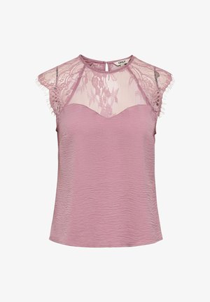 Blouse mauve sans manches en tissu texturé, avec un empiècement en dentelle florale et des manches courtes, dotée d'une petite fermeture par bouton au dos.