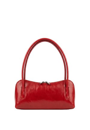 Petit sac à main en cuir rouge brillant avec fermeture à double zip et deux poignées arrondies sur fond blanc.